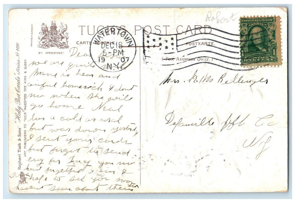 1907 Christmas Berries Tower Bell Ringing Berries Tuck's Watertown NY Postcard