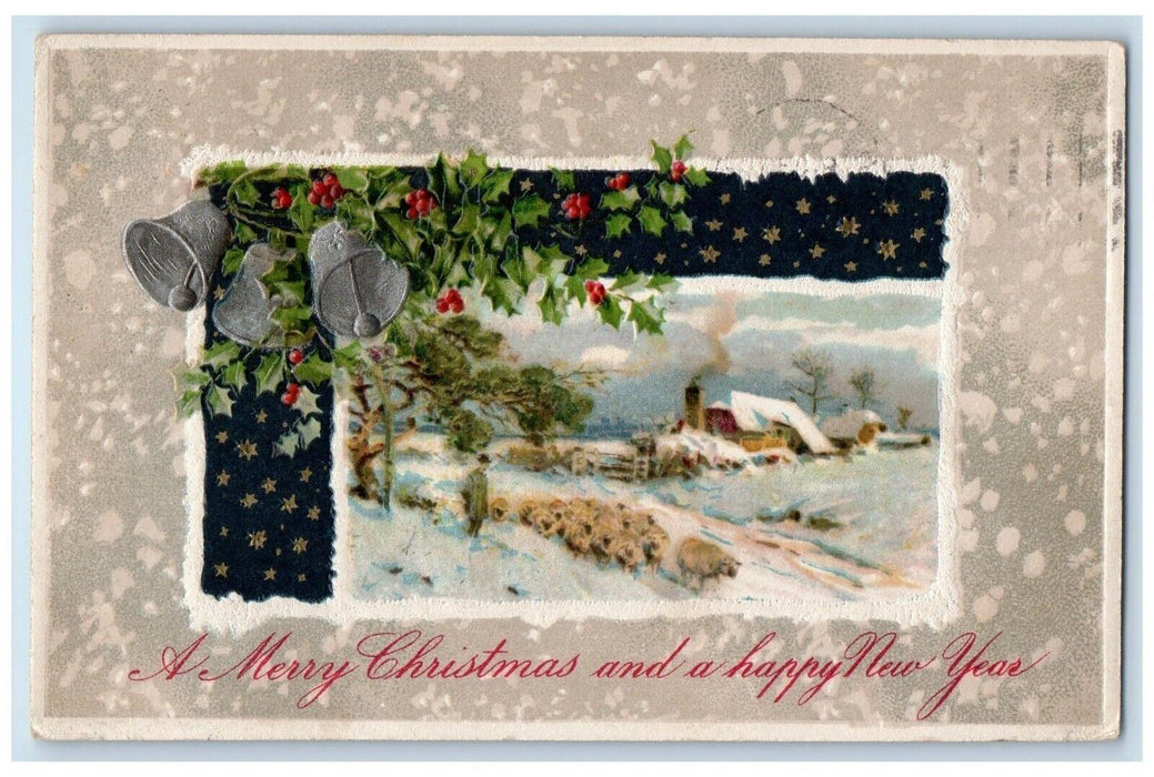 Christmas New Year Ringing Bell Berries Sheep Winsch Back Moriah NY Postcard