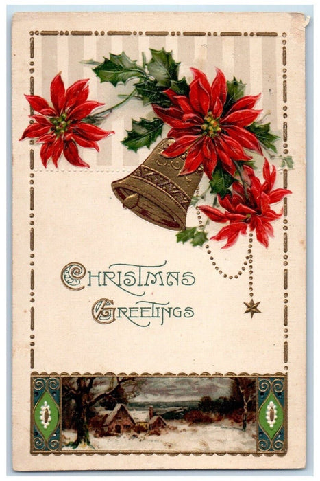 Christmas Greetings Poinsettia Flower Ringing Bell House Winsch Back Postcard