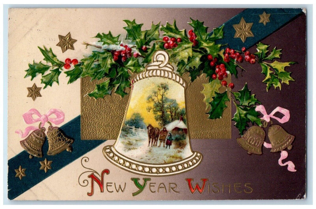 1909 New Year Wishes Ringing Bells Holly Berries Winsch Back Chicago IL Postcard
