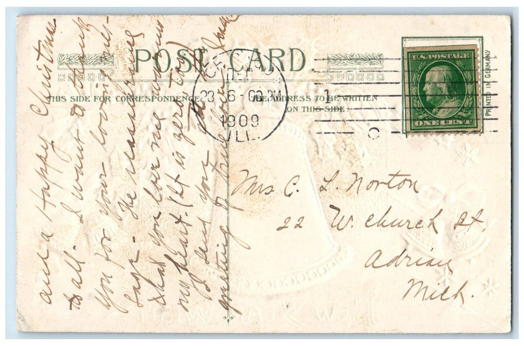 1909 New Year Wishes Ringing Bells Holly Berries Winsch Back Chicago IL Postcard