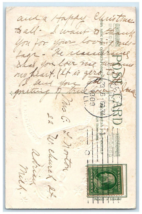 1909 New Year Wishes Ringing Bells Holly Berries Winsch Back Chicago IL Postcard