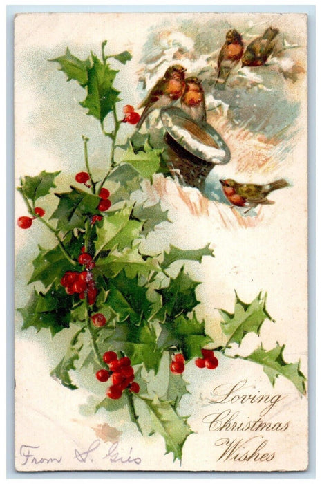 1907 Christmas Wishes Holly Berries Song Birds Winter Nash Detroit MI Postcard