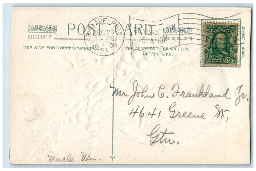 1908 Christmas Bird Holly Berries Winter Winsch Back Philadelphia PA Postcard