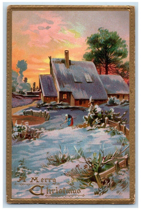 c1910's Merry Christmas Woman Winter House And Trees Embossed Tuck's Postcard