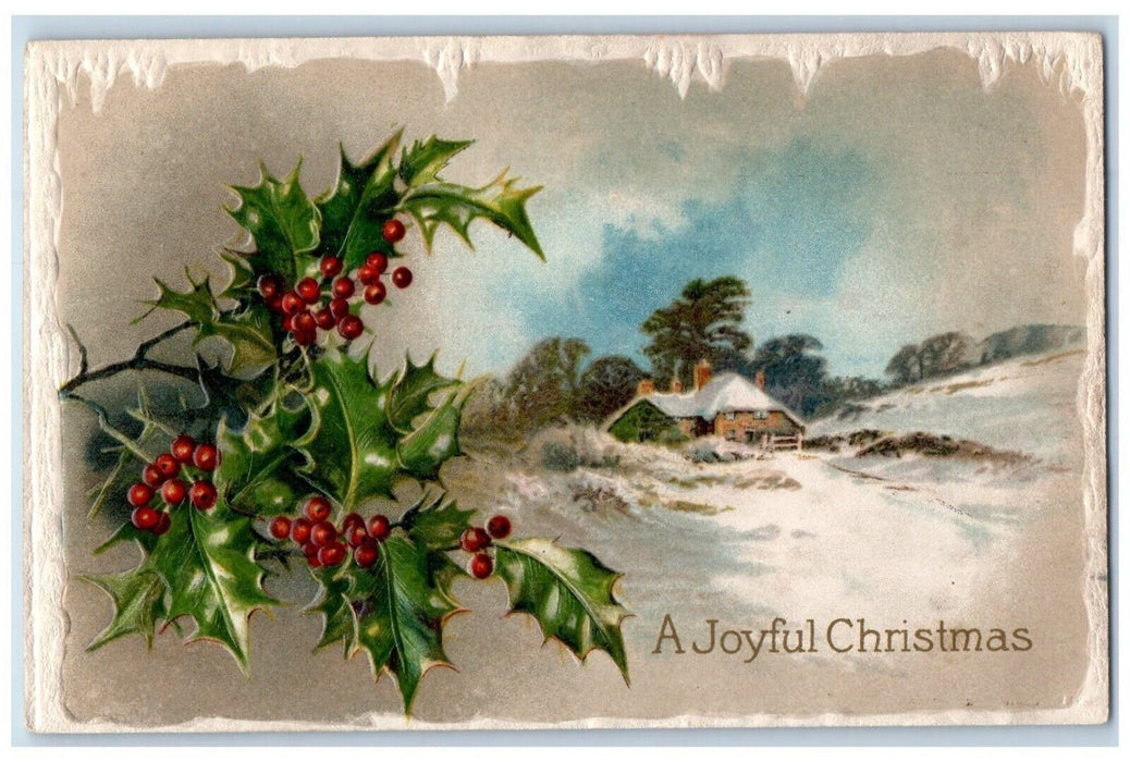 1909 Christmas Holly Berries House Chimney Trees Winter Winsch Back Postcard