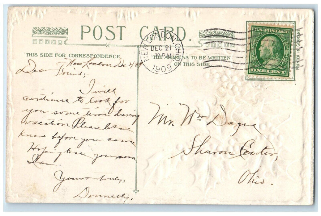 1909 Christmas Holly Berries House Chimney Trees Winter Winsch Back Postcard