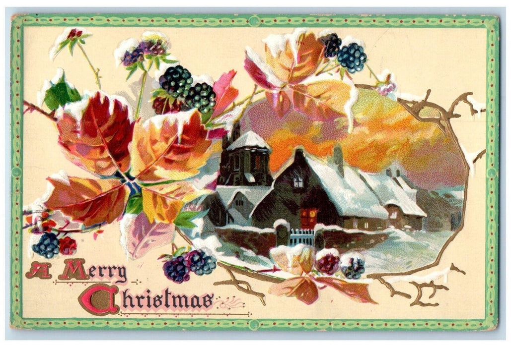 c1910's Christmas House Church Chimney Flowers Tuck's Embossed Antique Postcard