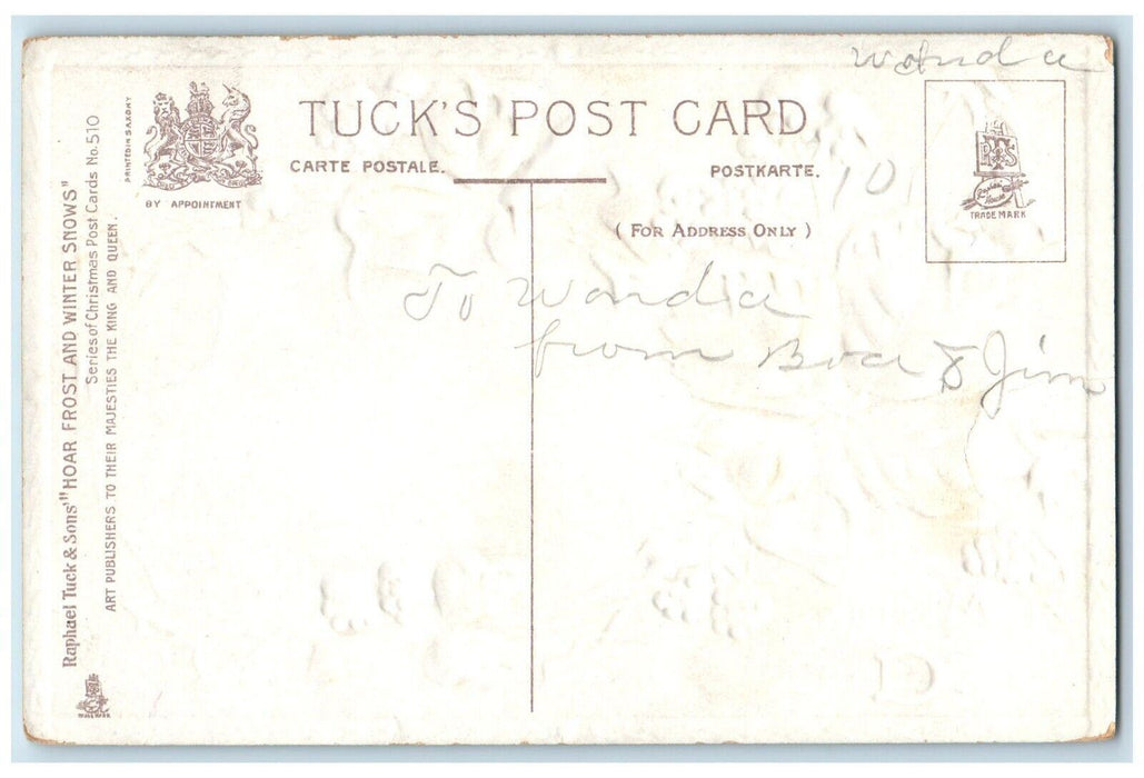 c1910's Christmas House Church Chimney Flowers Tuck's Embossed Antique Postcard