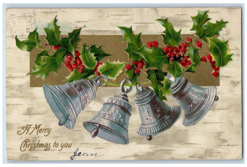 c1910's Christmas Ringing Bells Holly Berries Winsch Back Embossed Postcard