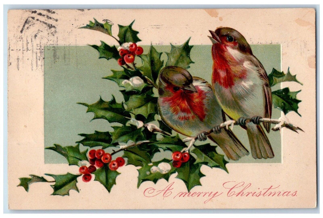 1907 Christmas Song Birds Holly Berries Embossed Ashland Ohio OH Posted Postcard