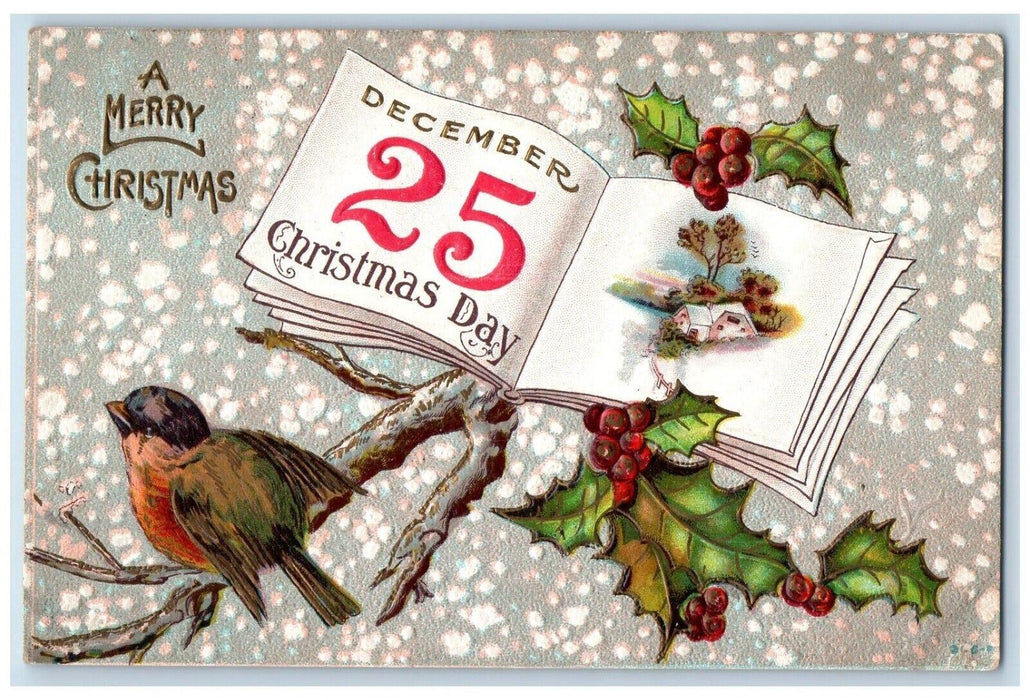1909 Christmas Song Birds Holly Berries Calendar Embossed Butler OH Postcard