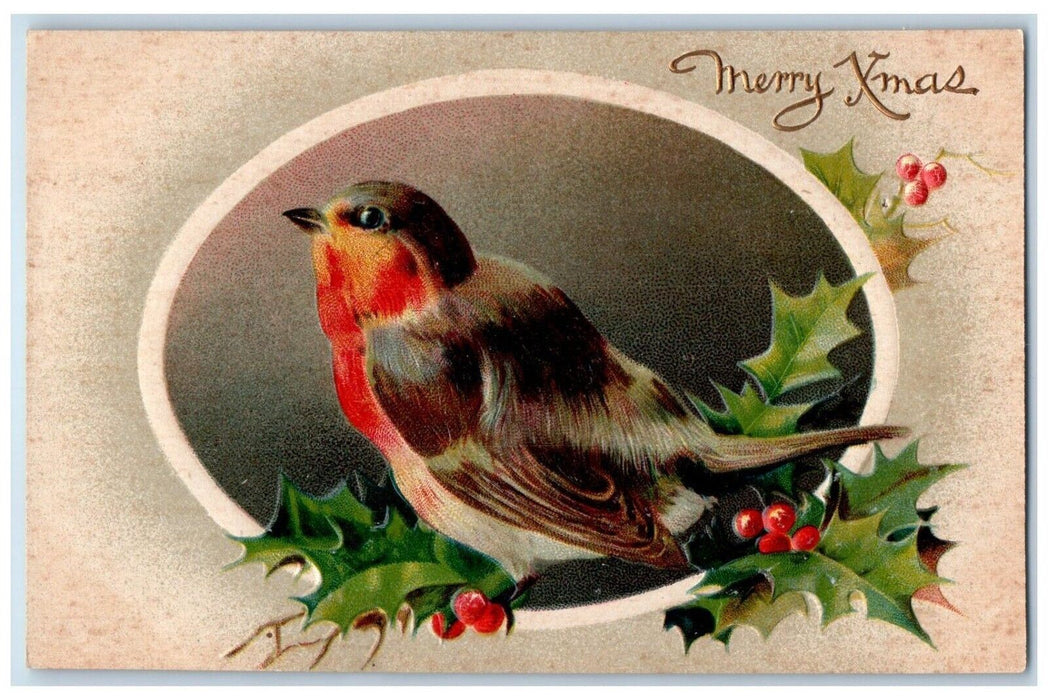 1912 Christmas Song Bird Holly Berries Embossed Posted Antique Postcard