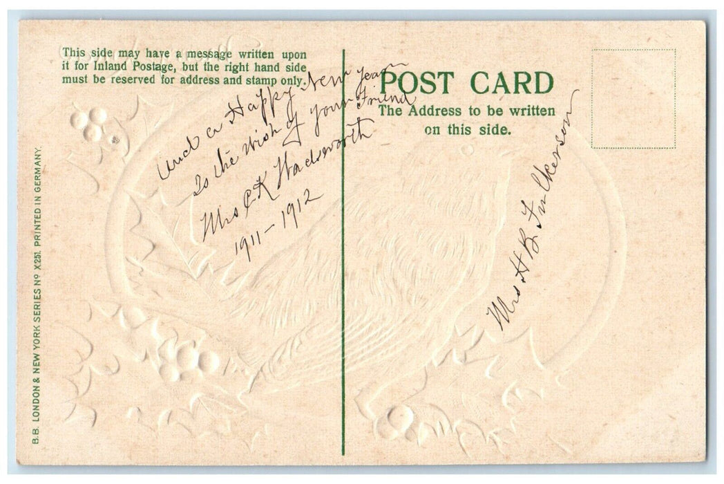1912 Christmas Song Bird Holly Berries Embossed Posted Antique Postcard