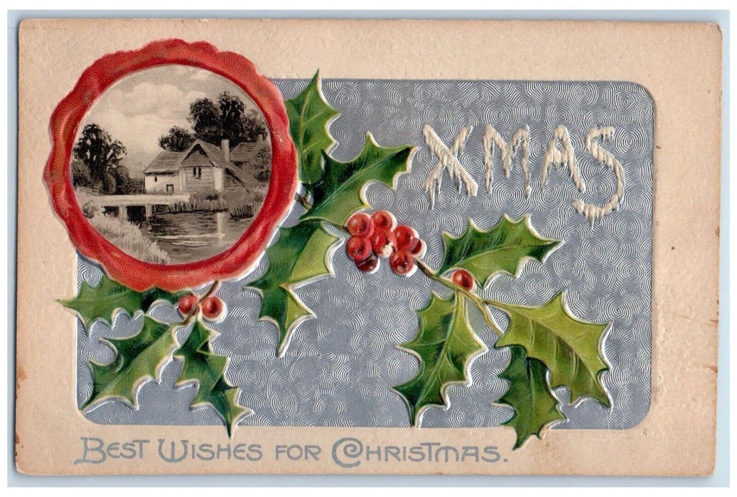 c1910's Christmas Holly Berries House River Clapsaddle Schenectady NY Postcard