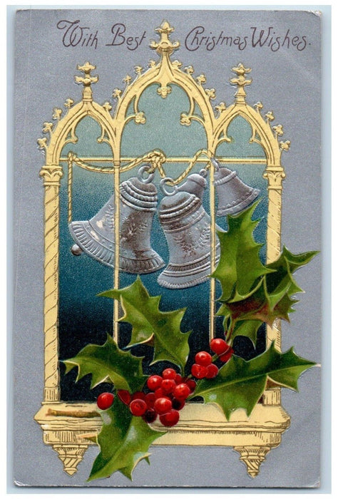 c1905 Christmas Ringing Bells Holly Berries On Window Embossed Nash Postcard