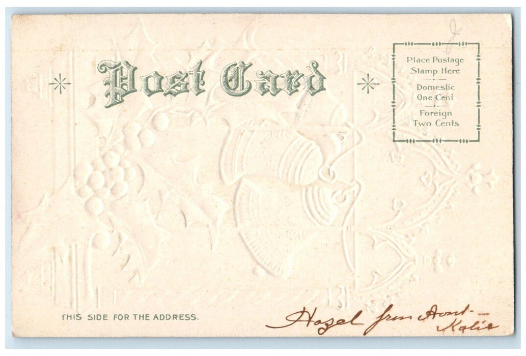 c1905 Christmas Ringing Bells Holly Berries On Window Embossed Nash Postcard