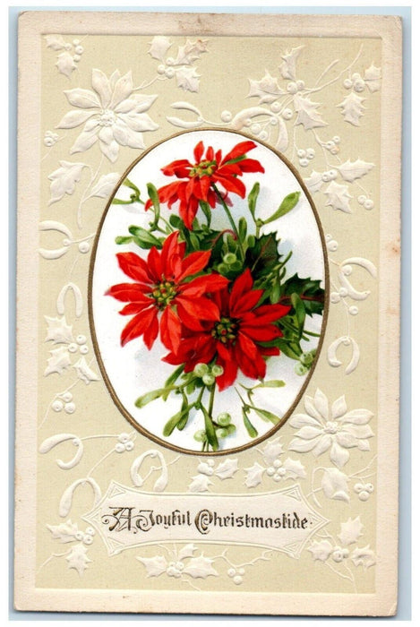 c1910's Christmas Poinsettia Flowers Mistletoe Winsch Back Embossed Postcard