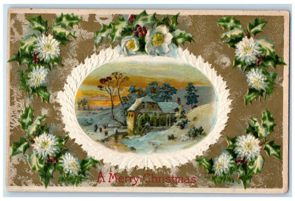 c1910's Christmas Flowers Mill Winter Winsch Back Embossed Batavia NY Postcard