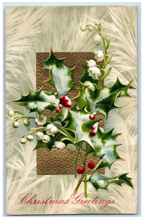 Christmas Greetings Holly Berries Flowers Embossed Millington MI Posted Postcard