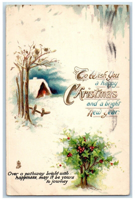 1913 Christmas New Year Holly Berries Tree House Winter Tucks Boston MA Postcard