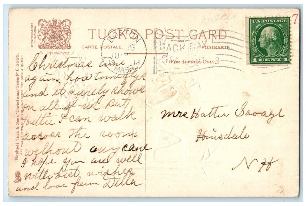 1913 Christmas New Year Holly Berries Tree House Winter Tucks Boston MA Postcard