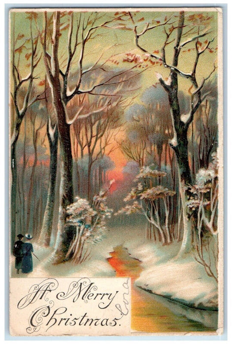 1909 Merry Christmas Woman Trees Winter Embossed Columbus Ohio OH Postcard