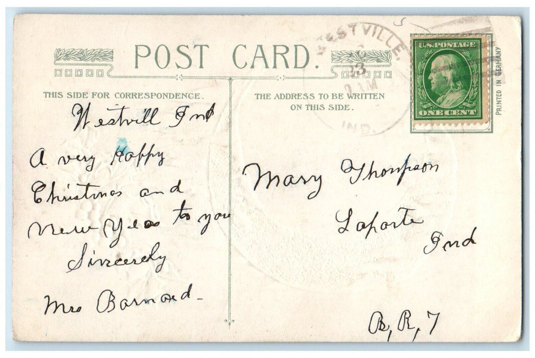 c1910's Christmas Holly Berries Houses Winter Winsch Back La Porte IN Postcard