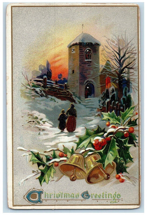 Christmas Greetings Ringing Bells Berries House Winter Embossed Tuck's Postcard