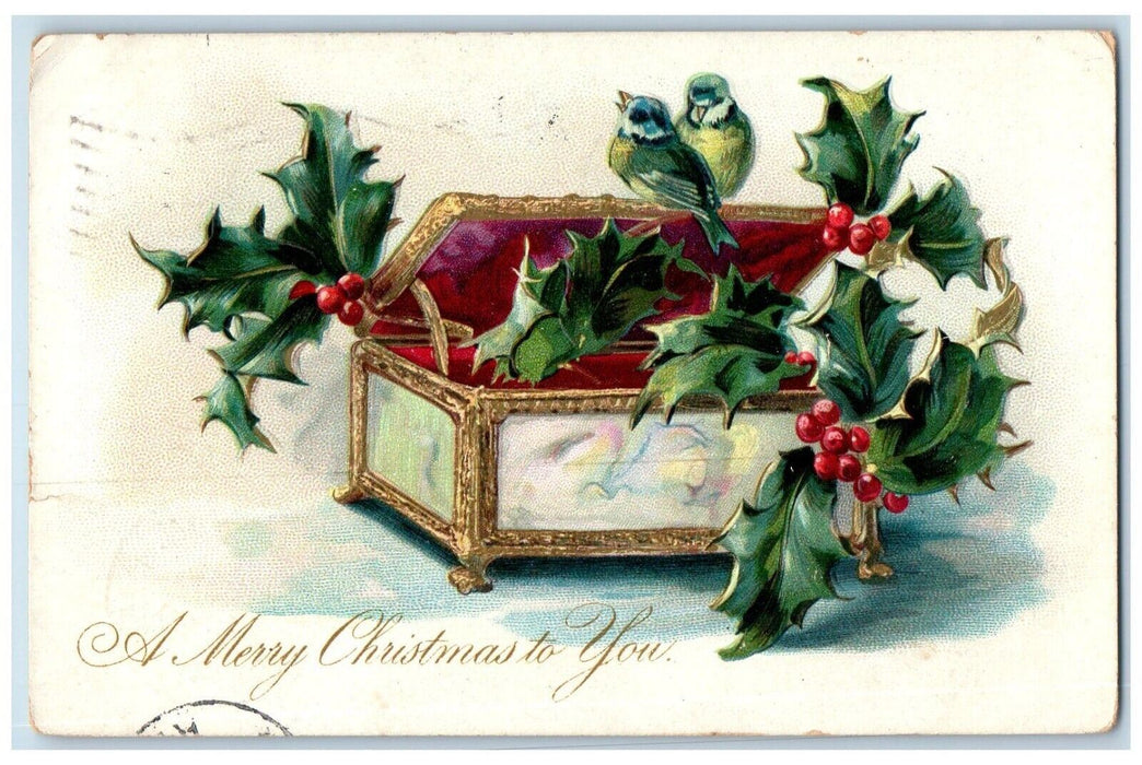 1906 Christmas Song Birds Holly Berries Box Embossed Boston MA Tuck's Postcard