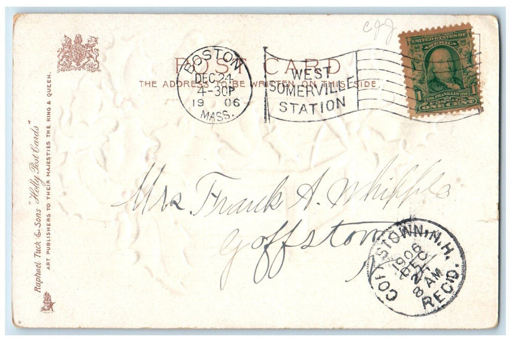 1906 Christmas Song Birds Holly Berries Box Embossed Boston MA Tuck's Postcard