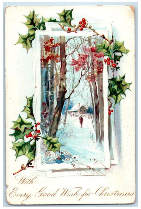c1910's Christmas Holly Berries And Trees House Winter Embossed Tuck's Postcard
