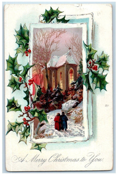 1909 Christmas Holly Berries And Trees Church Winter Embossed Tuck's Postcard