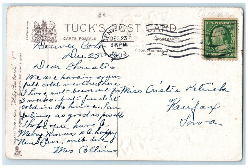 1909 Christmas Holly Berries And Trees Church Winter Embossed Tuck's Postcard
