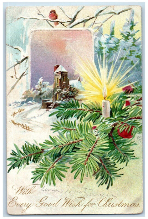 c1905 Christmas Pine Leaf Candle House Winter Bird Embossed Antique Postcard