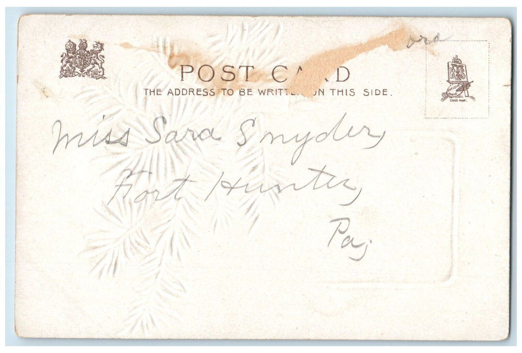 c1905 Christmas Pine Leaf Candle House Winter Bird Embossed Antique Postcard