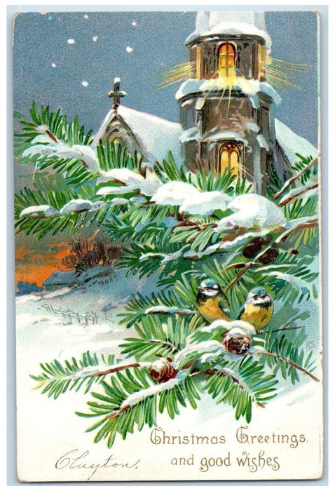 c1905 Christmas Greetings Pine Cone Birds Church Winter Centerburg OH Postcard