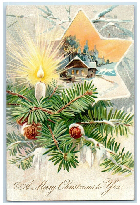 c1905 Christmas Pine Cone Candle Light Star Church Winter Embossed Postcard