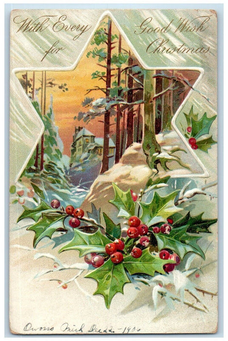 1906 Christmas Star House Trees Holly Berries Winter Embossed Owosso MI Postcard