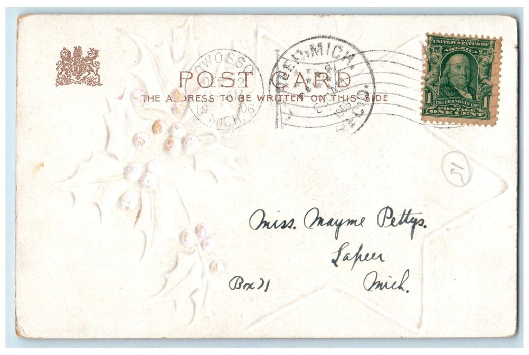 1906 Christmas Star House Trees Holly Berries Winter Embossed Owosso MI Postcard