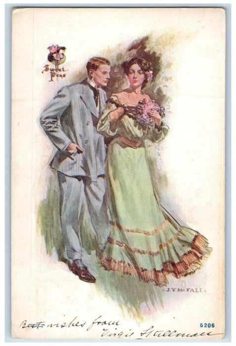 1907 Sweet Couple Romance Sweet Peas McFall Likely California CA Posted Postcard