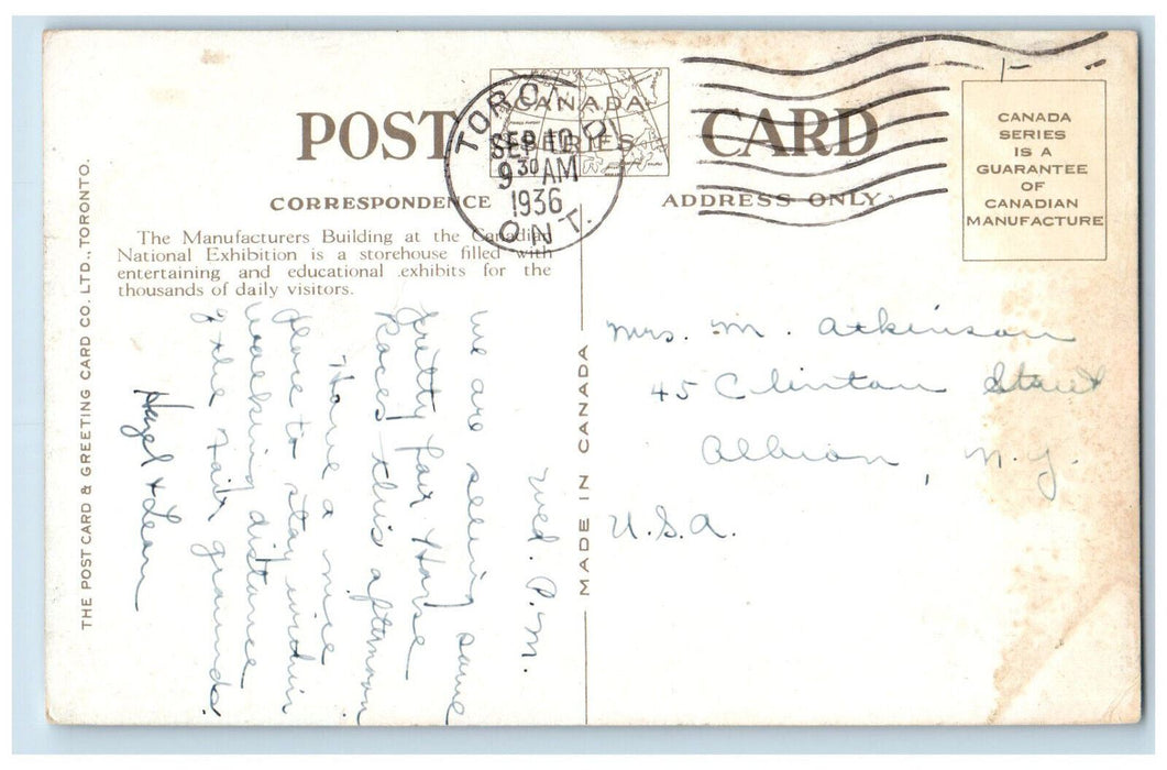 1936 The Manufacturers Building National Exhibition Toronto Canada Postcard