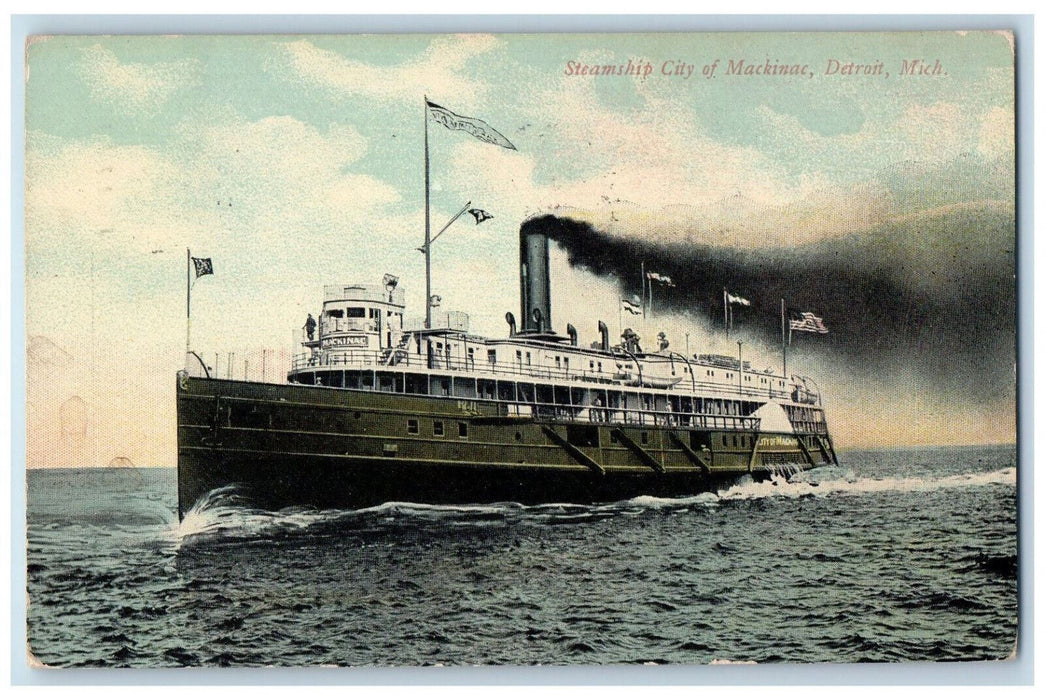 1913 Steamship S.S. City Of Mackinac Detroit Michigan MI Antique Posted Postcard