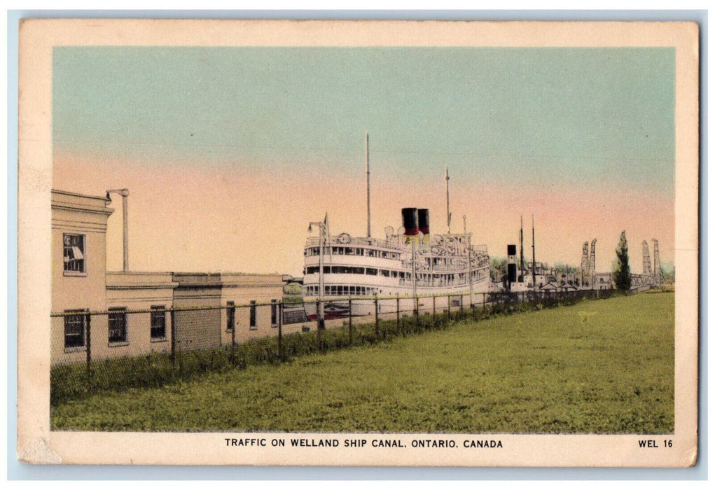 c1930's Traffic on Welland Ship Canal Ontario Canada Vintage Postcard