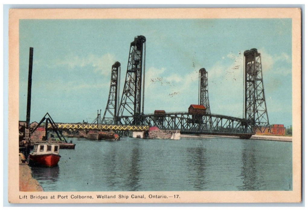 c1930's Lift Bridges at Port Colborne Welland Ship Canal Ontario Canada Postcard