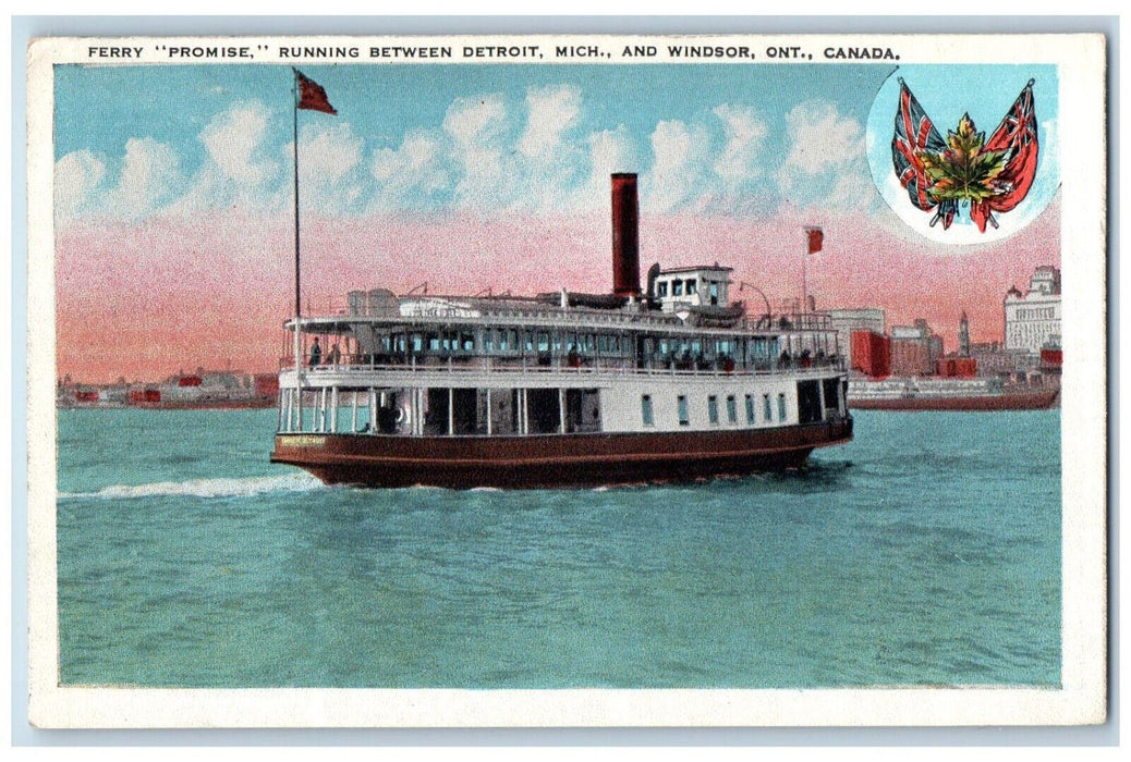 c1930's Ferry Promise Running Between Detroit MI and Windsor Canada Postcard