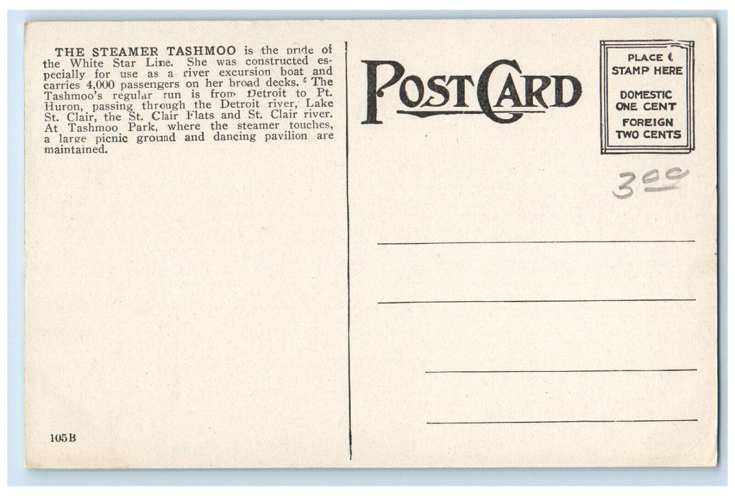 View Of Steamer Ship S. S. Tashmoo Detroit Michigan MI Antique Unposted Postcard