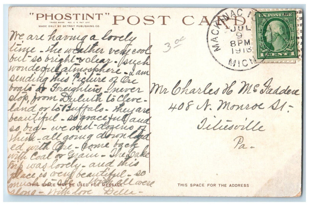 1916 S.S. Steamer Ship Thomas Cole Mackinac Island Michigan MI Phostint Postcard