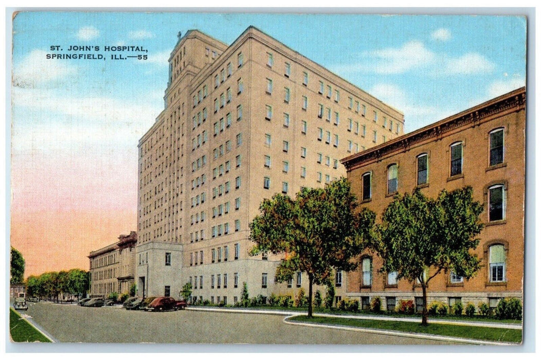 1948 St. John's Hospital Building Cars Springfield Beason Illinois IL Postcard