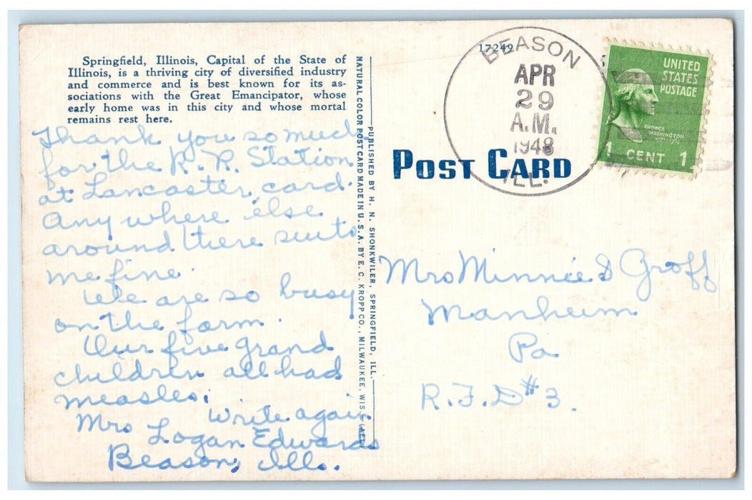 1948 St. John's Hospital Building Cars Springfield Beason Illinois IL Postcard